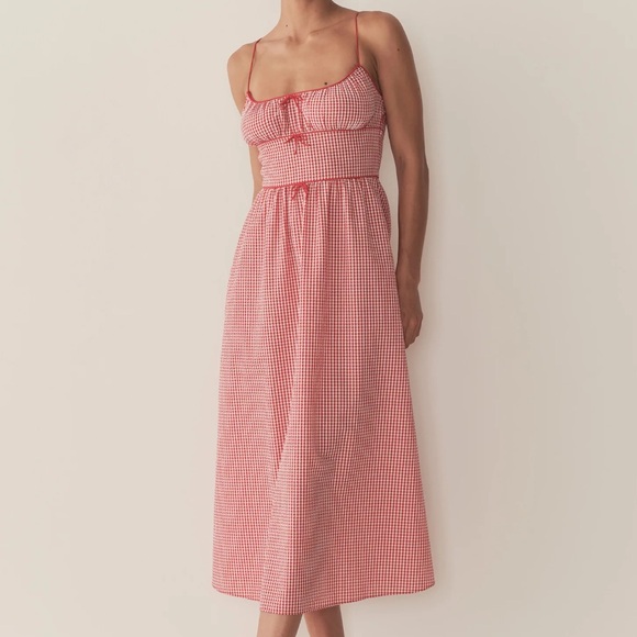 NWT Doen Belline Cotton Bow Midi Maxi Dress Rouge La Maddalena Gingham Red